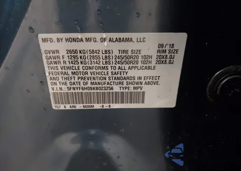2019 Honda Pilot Elite from USA, damaged, VIN 5FNYF6H09KB023256